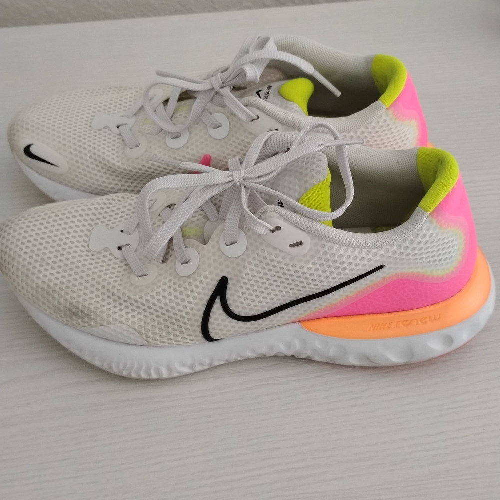 Nike White Shoes with Neon Pink and Yellow Accents